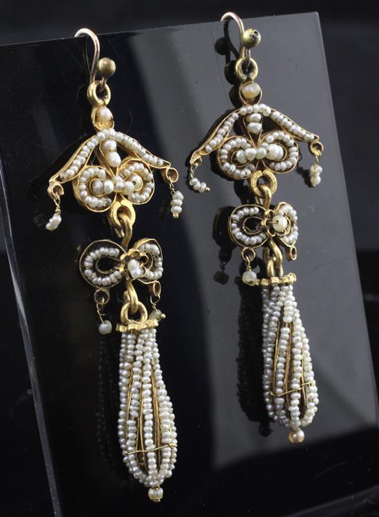 A pair of Victorian gold and multi seed pearl set drop earrings, 2.75in.